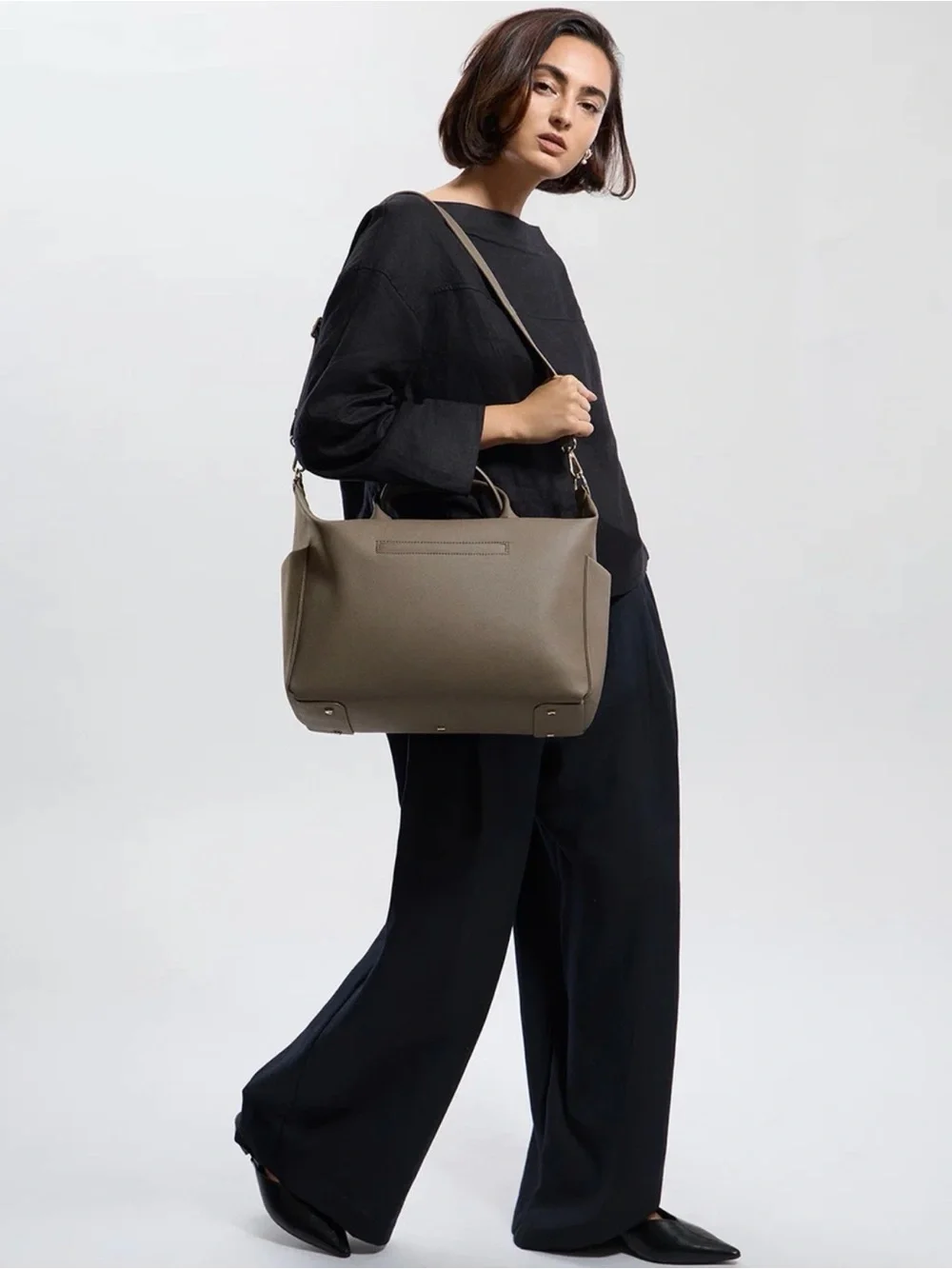 Minimal Taupe Leather Satchel with Removable Strap